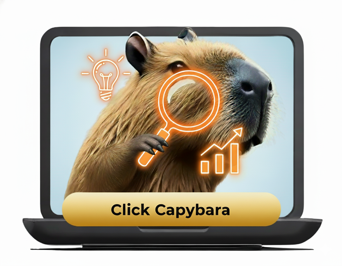 A calm capybara on a laptop screen, illustrating Click-Capybara's data-driven PPC services for growth.